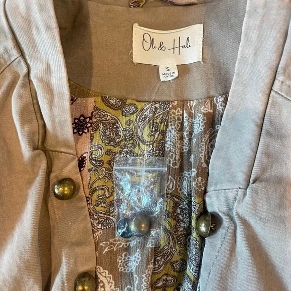 Oli & Hali Military Style Jacket Small Ruffle Hem Bronze Button Cotton Blend - Picture 3 of 8